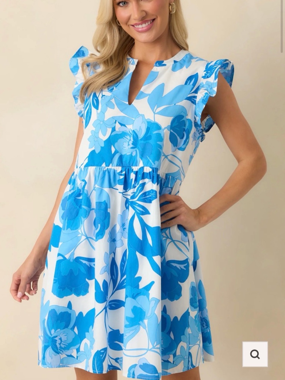 SUGARLIPS MAYBE SOMEDAY BLUE FLORAL PRINT COTTON FLUTTER SLEEVE MINI DRESS, XS